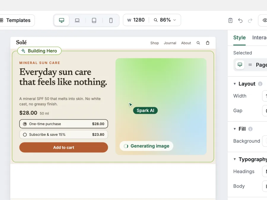 The agent building a hero section on the canvas, outlined in green, while it generates the product image.